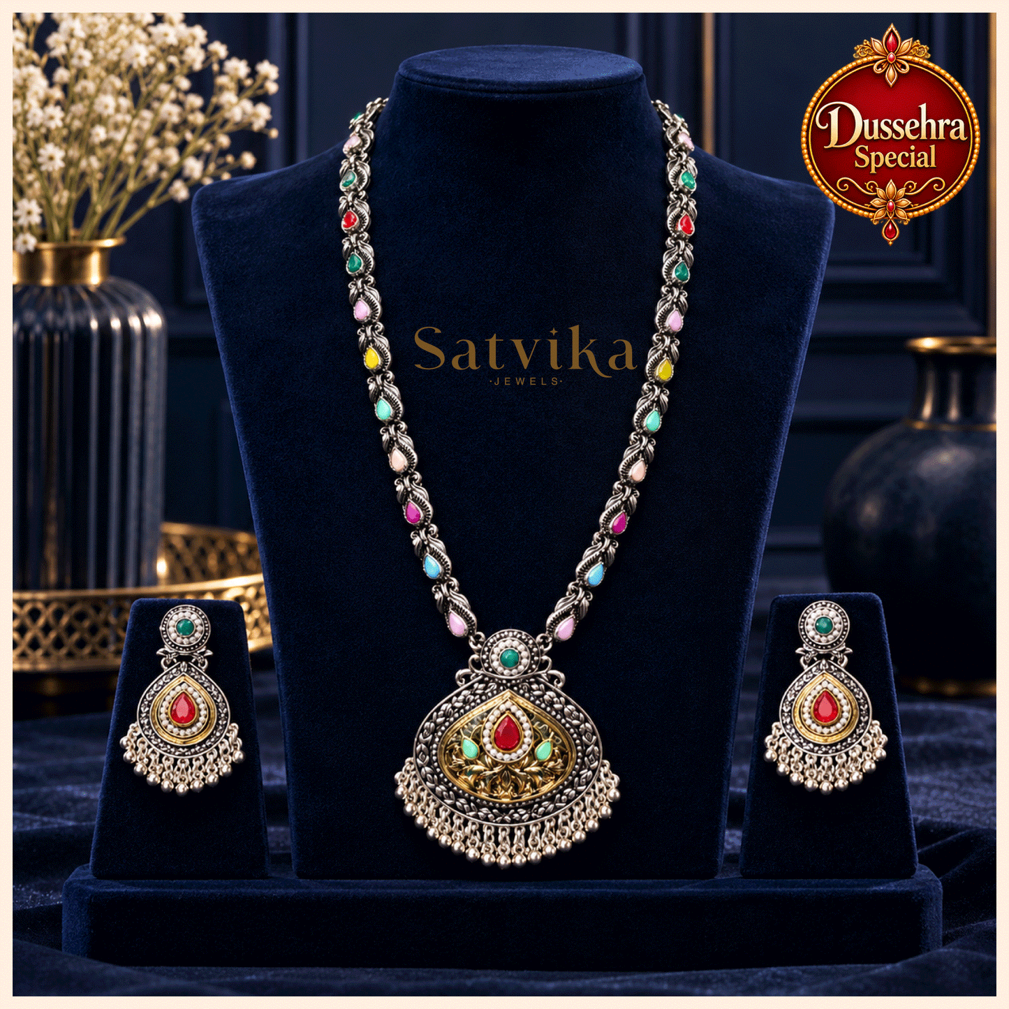 Heritage Multicolour Oxidized Silver Haar Jewellery Set