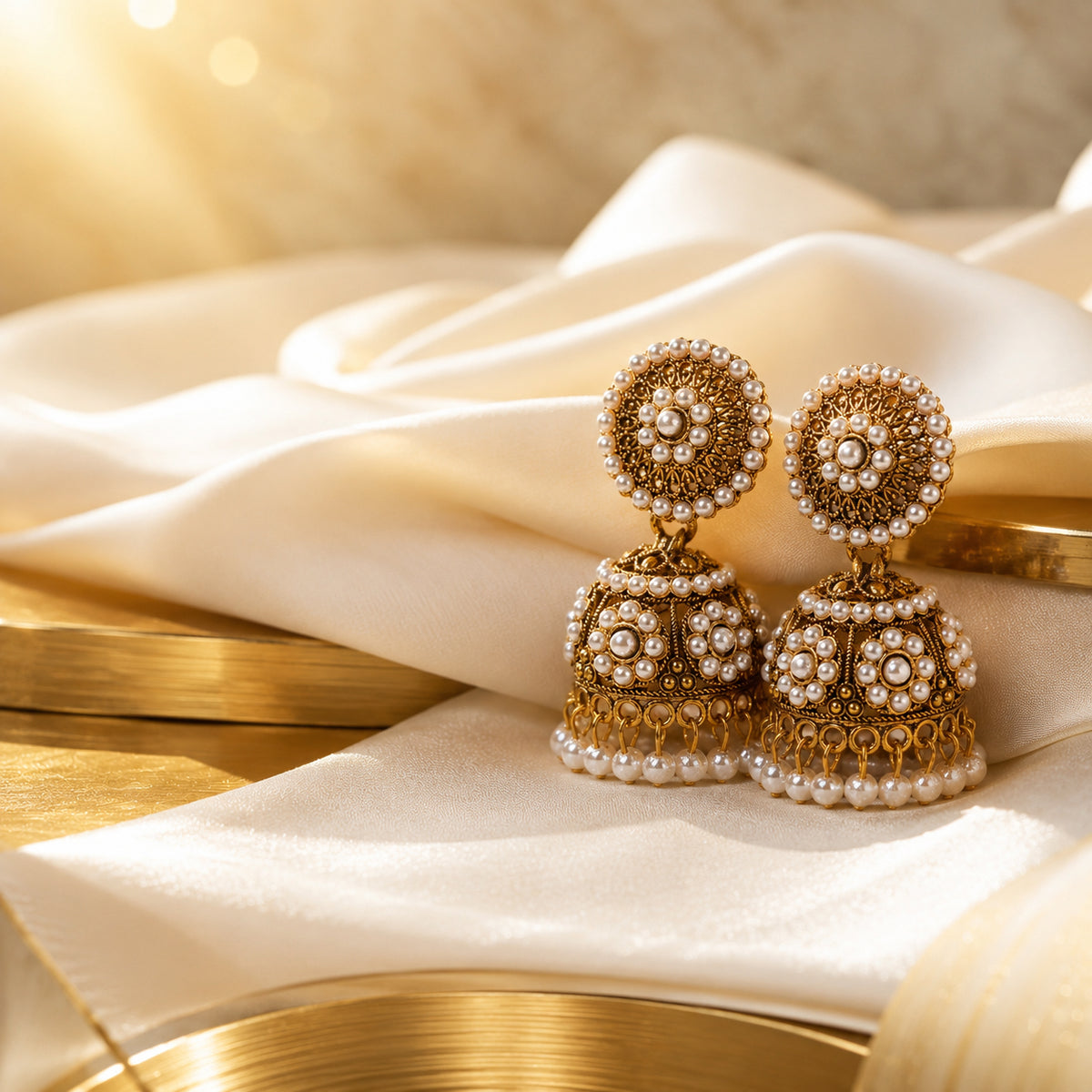 Royal Pearl Embellished Gold Jhumka Earrings
