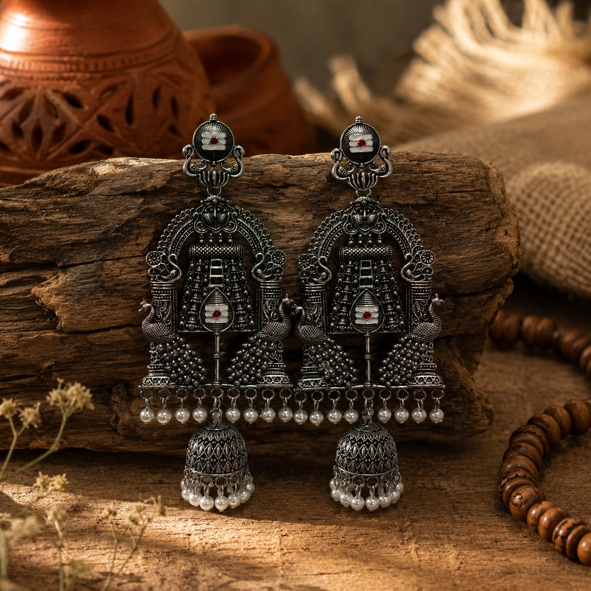 Vintage Temple Pearl Oxidized Earrings