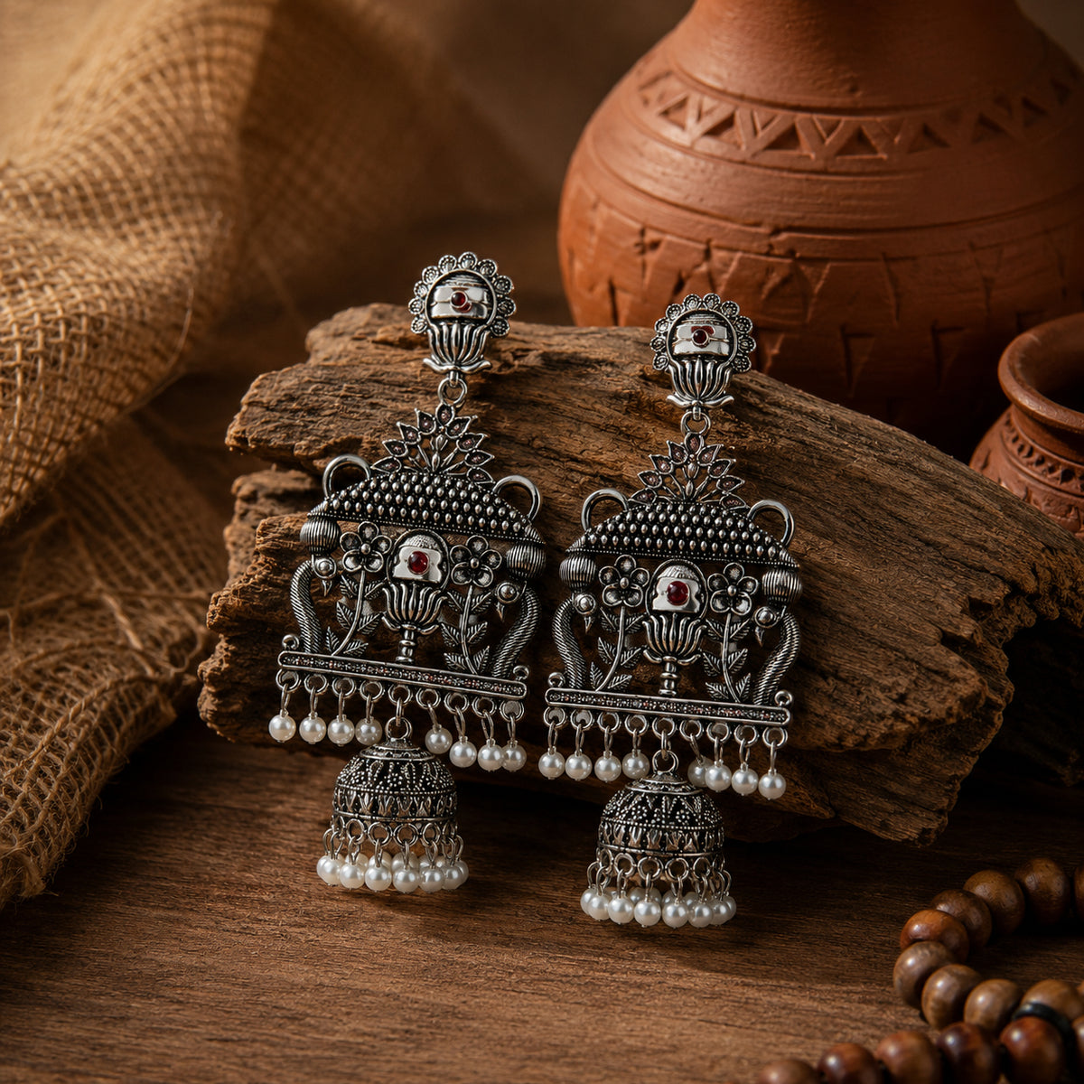 Vintage Temple Silver Drop Earrings