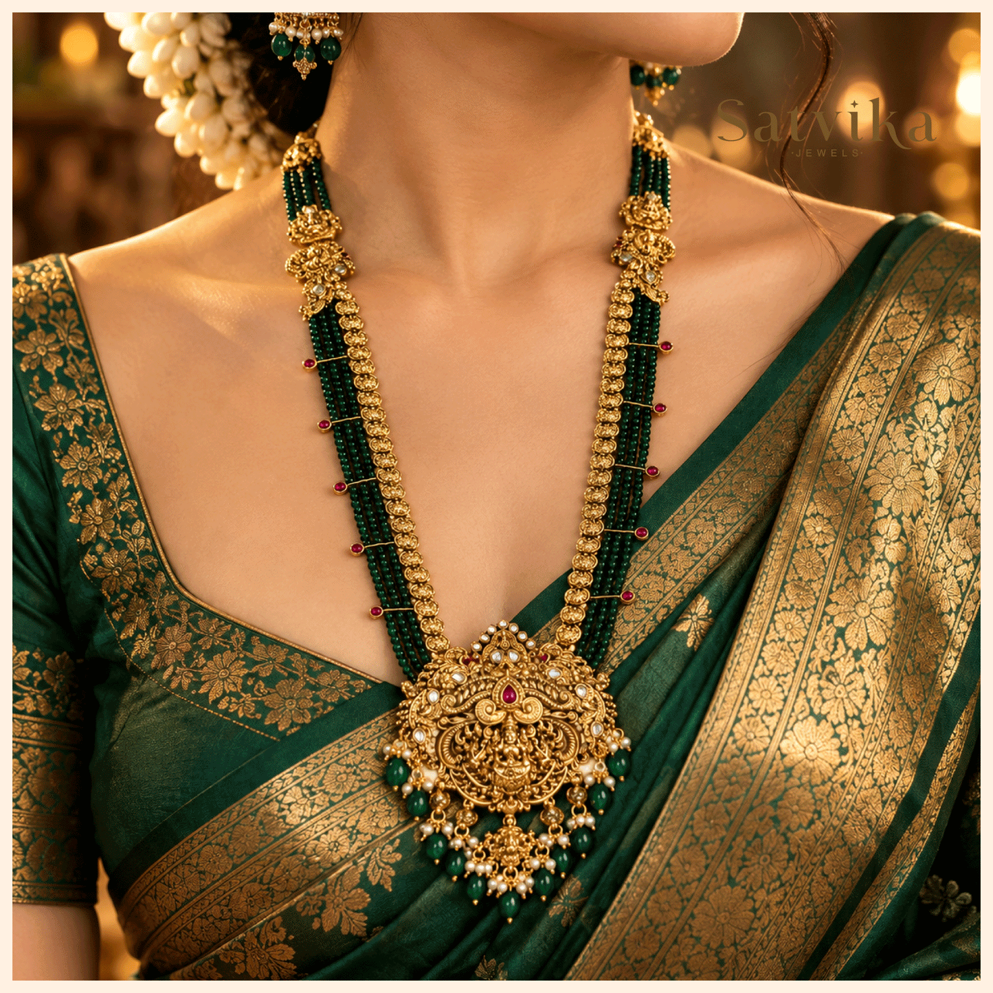 Antique Lakshmi Motif Green Beaded Haram