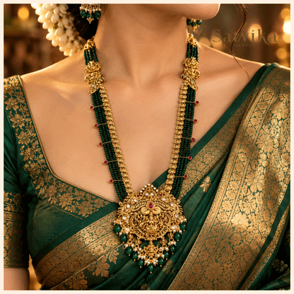 Antique Lakshmi Motif Green Beaded Haram