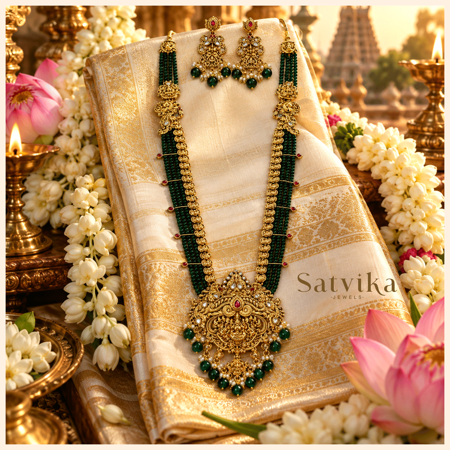 Antique Lakshmi Motif Green Beaded Haram