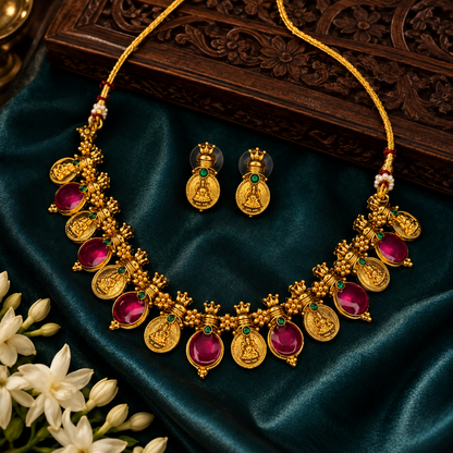Divine Lakshmi Coin Temple Necklace Set