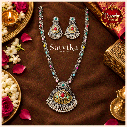 Heritage Multicolour Oxidized Silver Haar Jewellery Set