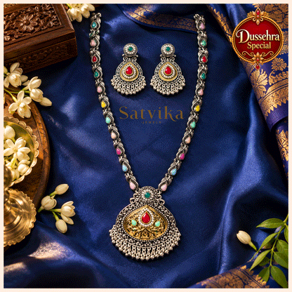 Heritage Multicolour Oxidized Silver Haar Jewellery Set