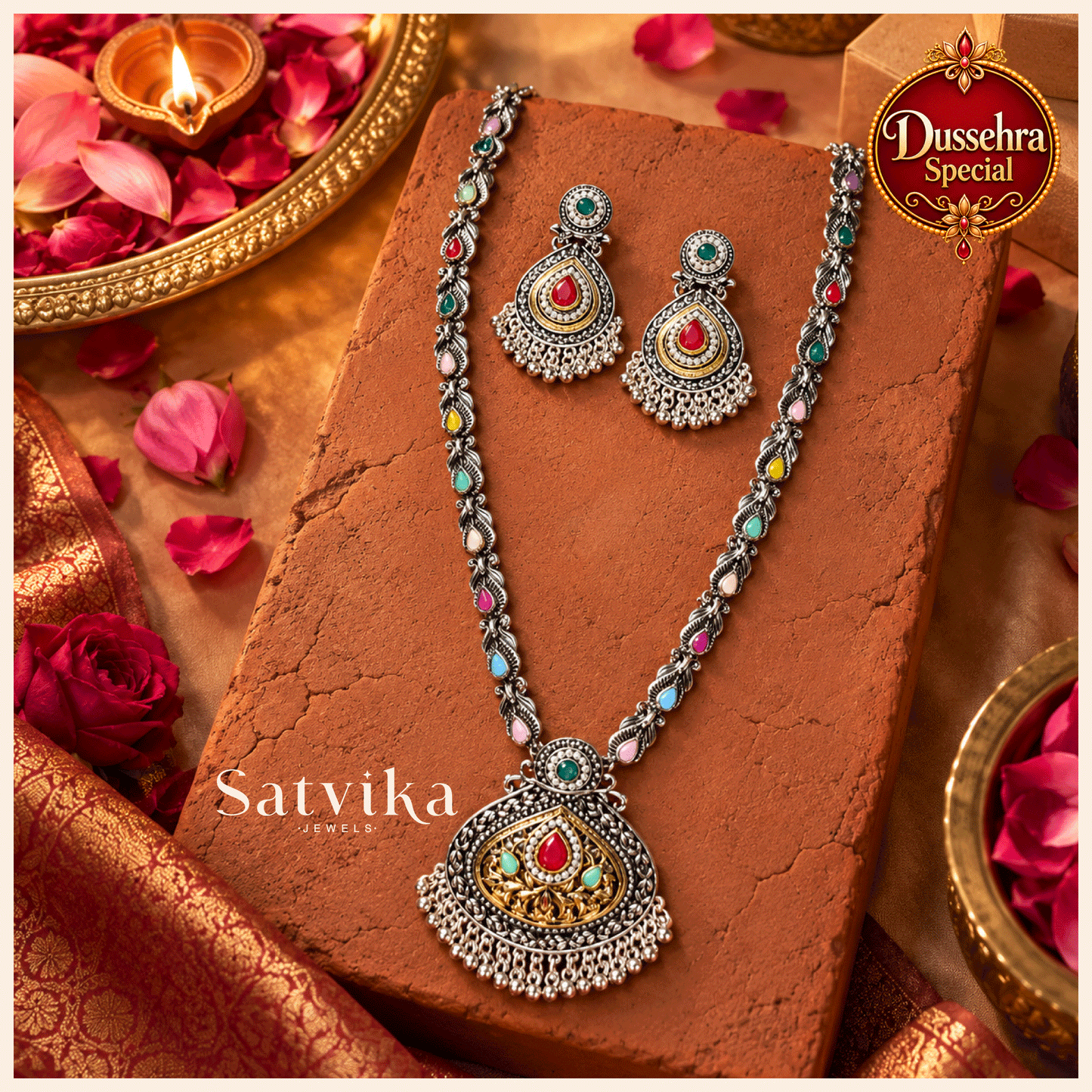 Heritage Multicolour Oxidized Silver Haar Jewellery Set