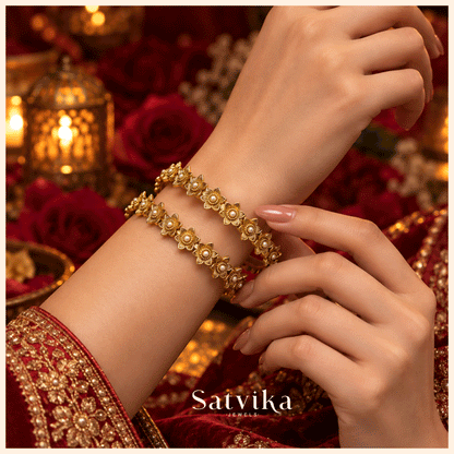 Regal Floral Gold Embellished Pearl Kada Bangles