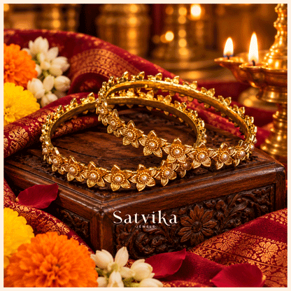 Regal Floral Gold Embellished Pearl Kada Bangles