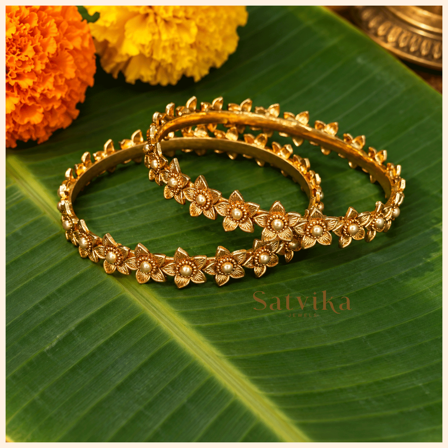 Regal Floral Gold Embellished Pearl Kada Bangles