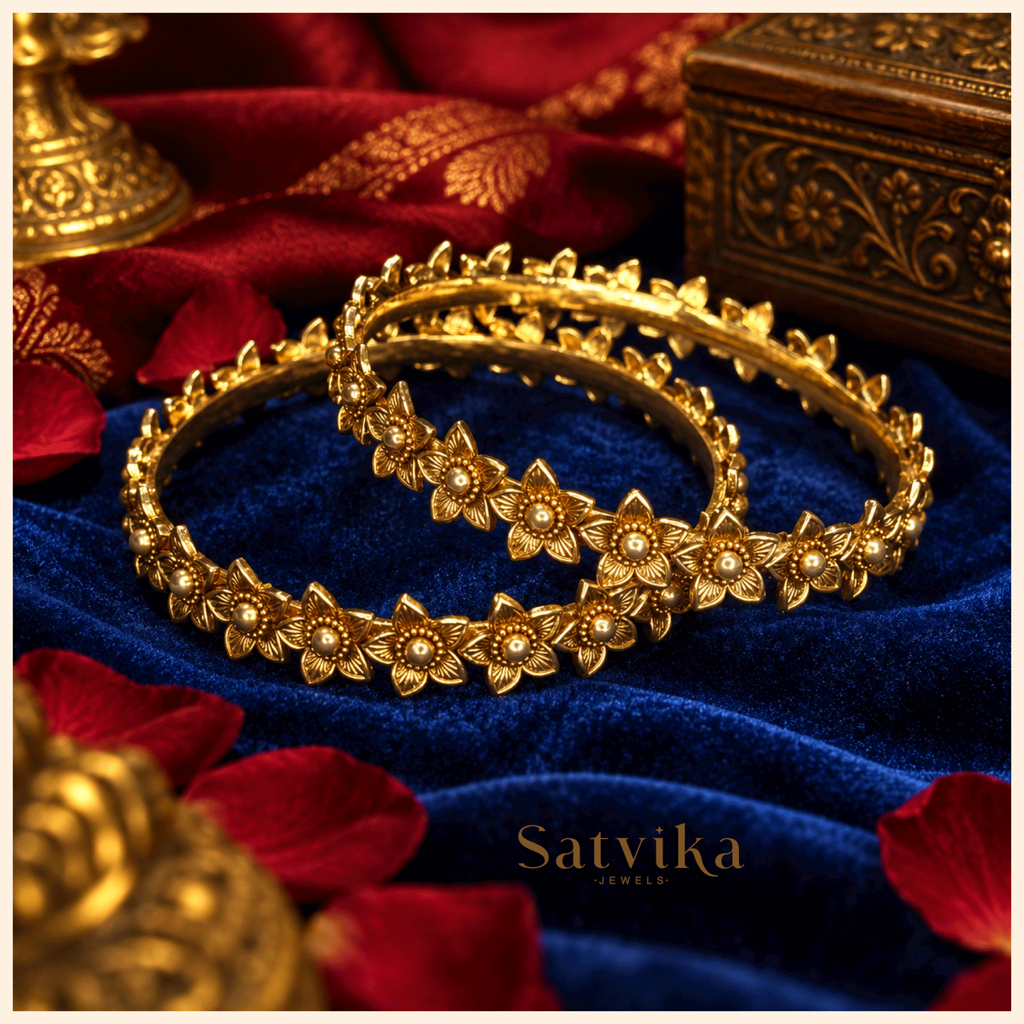 Regal Floral Gold Embellished Pearl Kada Bangles