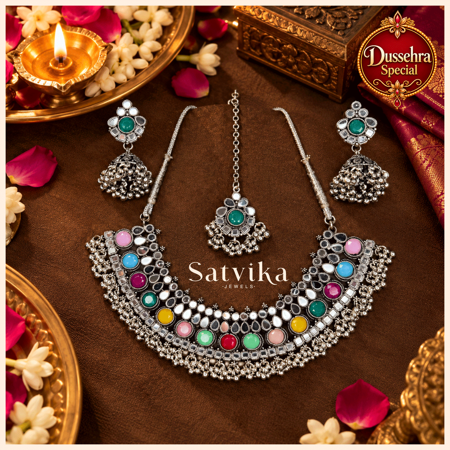 Regal Multicolour Mirrorwork Oxidized Silver Choker Set