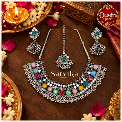 Regal Multicolour Mirrorwork Oxidized Silver Choker Set