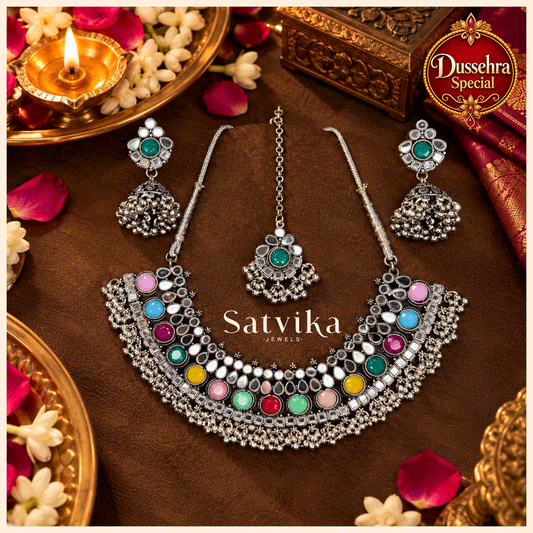 Regal Multicolour Mirrorwork Oxidized Silver Choker Set