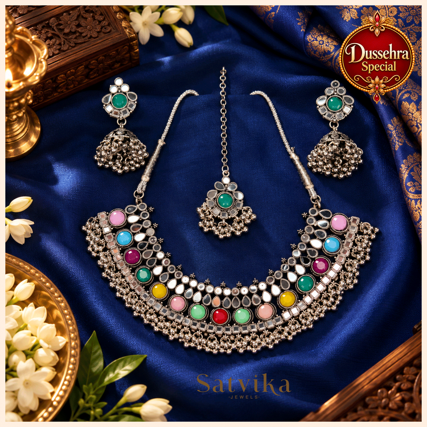 Regal Multicolour Mirrorwork Oxidized Silver Choker Set
