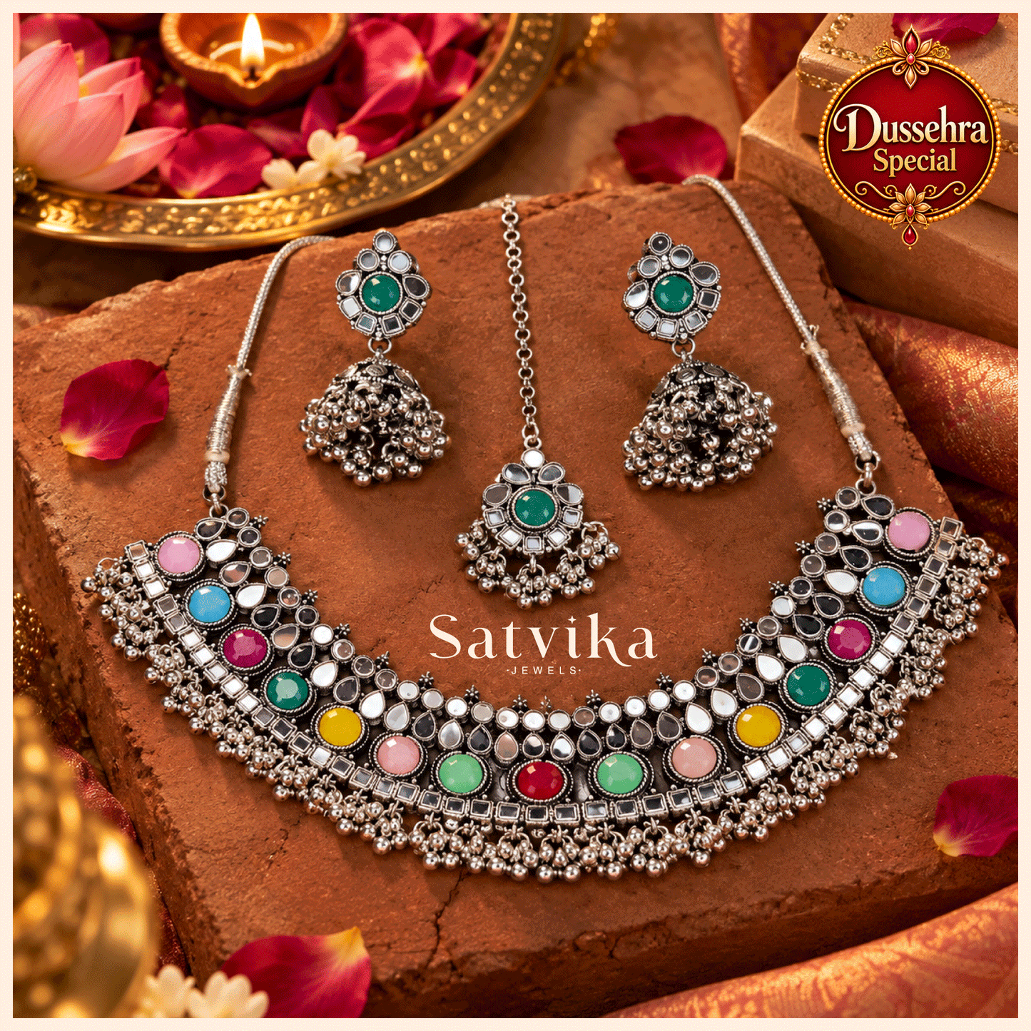 Regal Multicolour Mirrorwork Oxidized Silver Choker Set