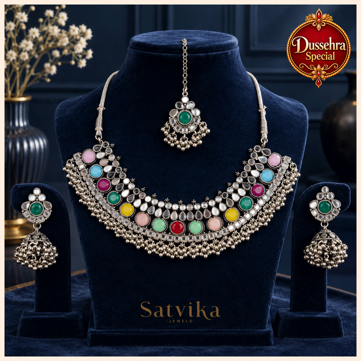 Regal Multicolour Mirrorwork Oxidized Silver Choker Set