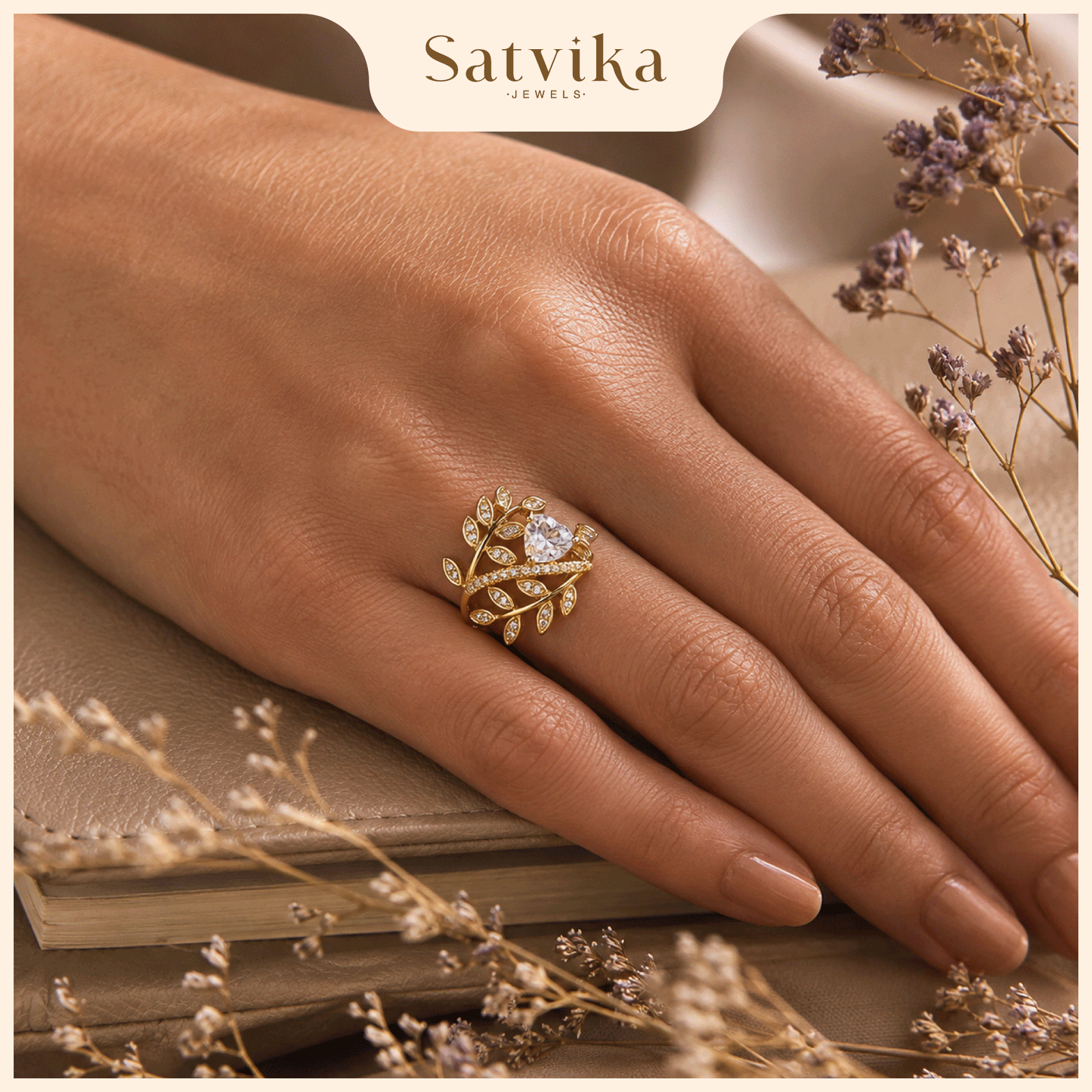 Romantic Botanical Leaf Solitaire Ring