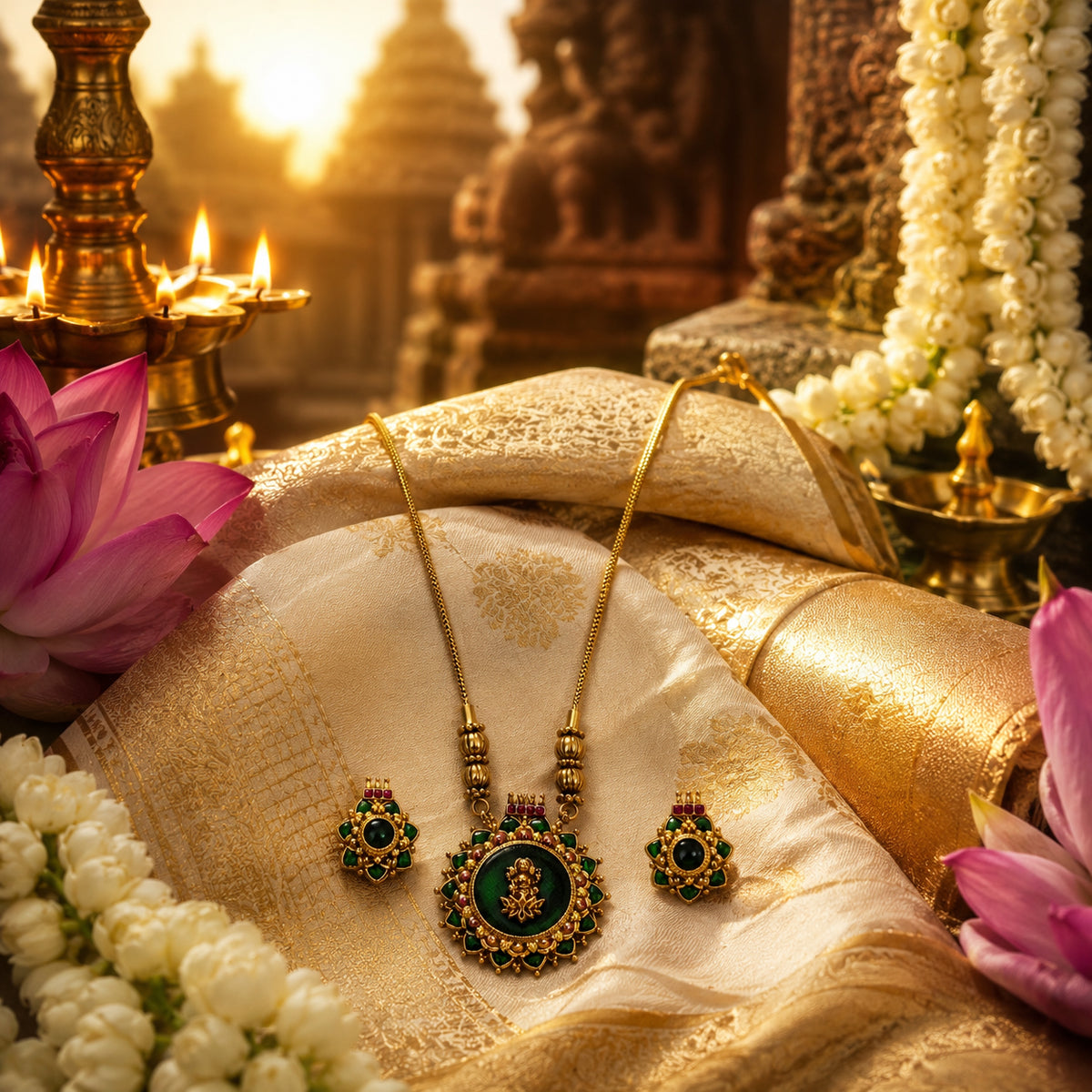 Royal Emerald Lakshmi Pendant Necklace