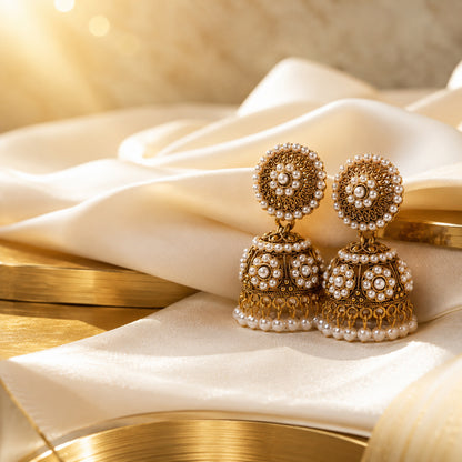 Royal Pearl Embellished Gold Jhumka Earrings