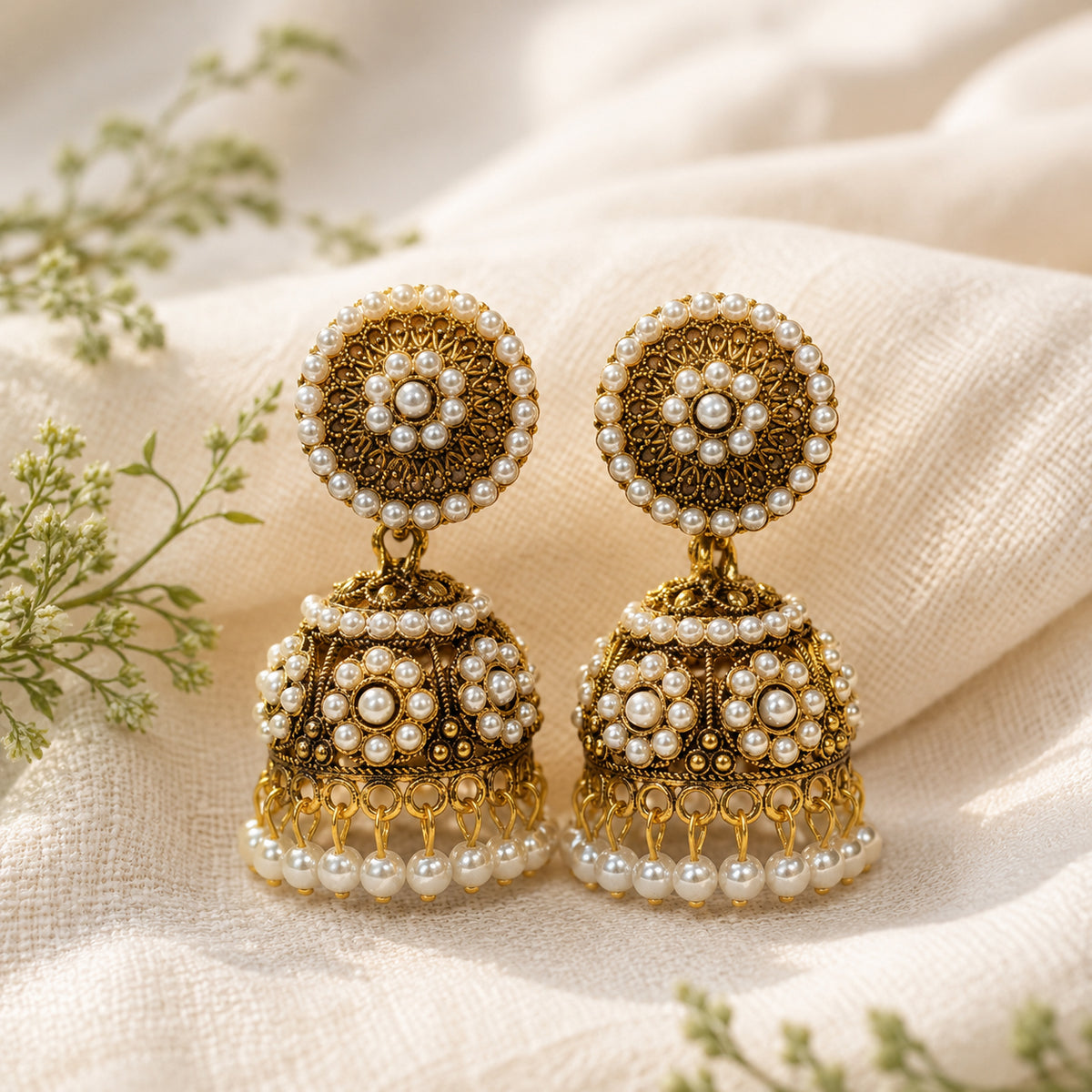 Royal Pearl Embellished Gold Jhumka Earrings