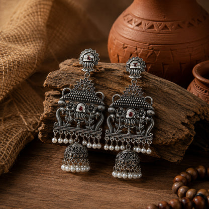 Vintage Temple Silver Drop Earrings